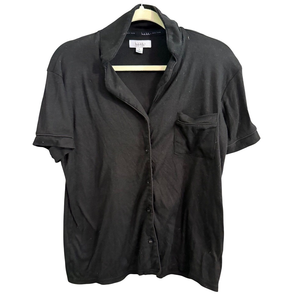 Nicole Miller New York Black Short Sleeve Button Up Pajama Top Shirt Size S